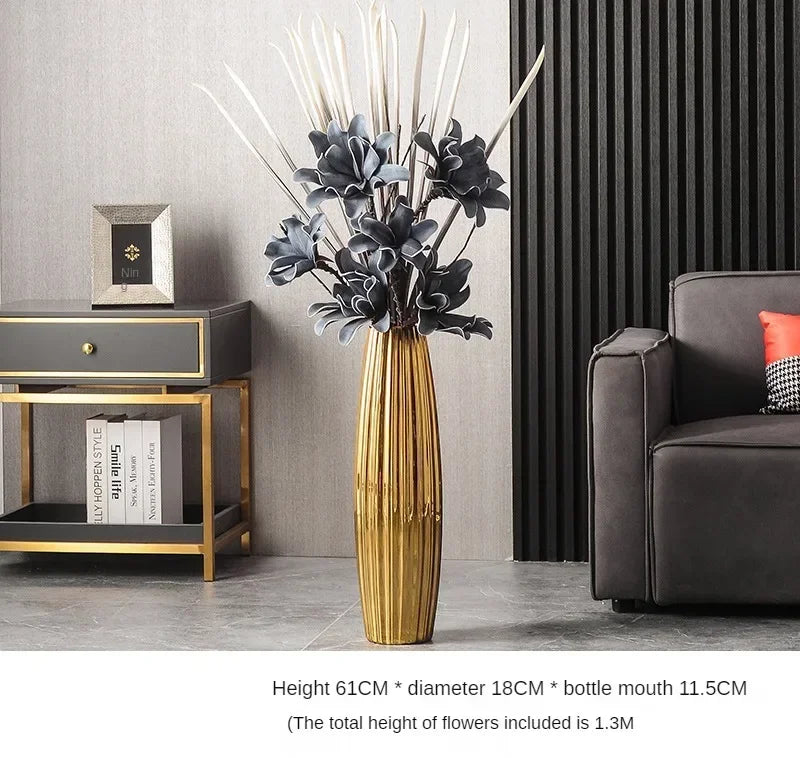 Nordic Ceramics Flower Vase for Entrance Light Luxury High-end Household Vase Large Electroplating Floor-standing Vase for Hotel